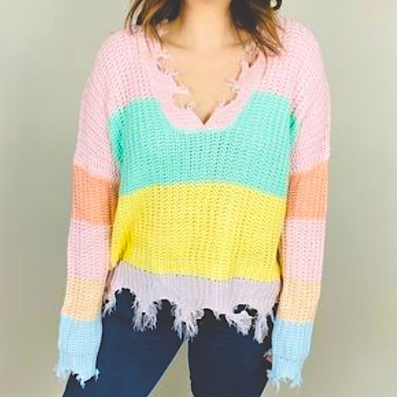 Miracle Sweaters - NWOT Miracle USA distressed pastel rainbow stripe v-neck loose fitting sweater
